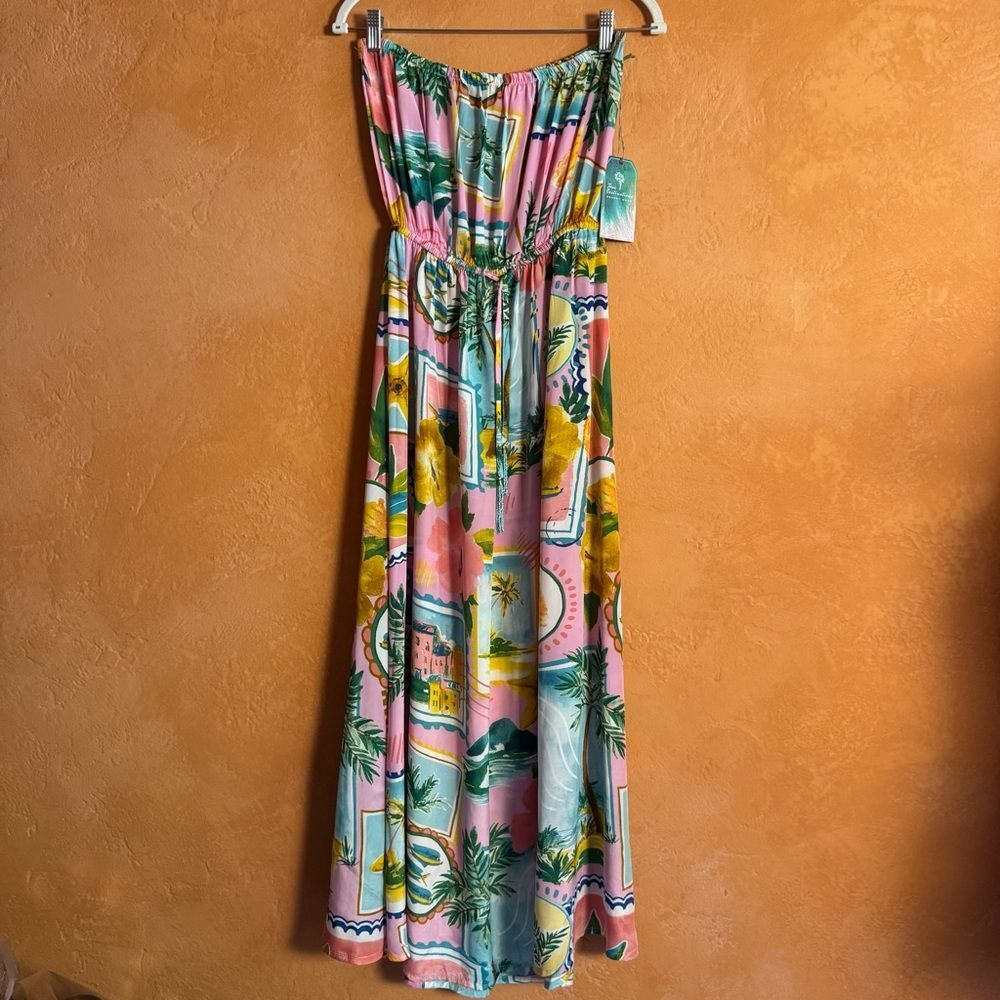True Destinations Pink Postcard Tropical Strapless Maxi Dress XL NWT Resort